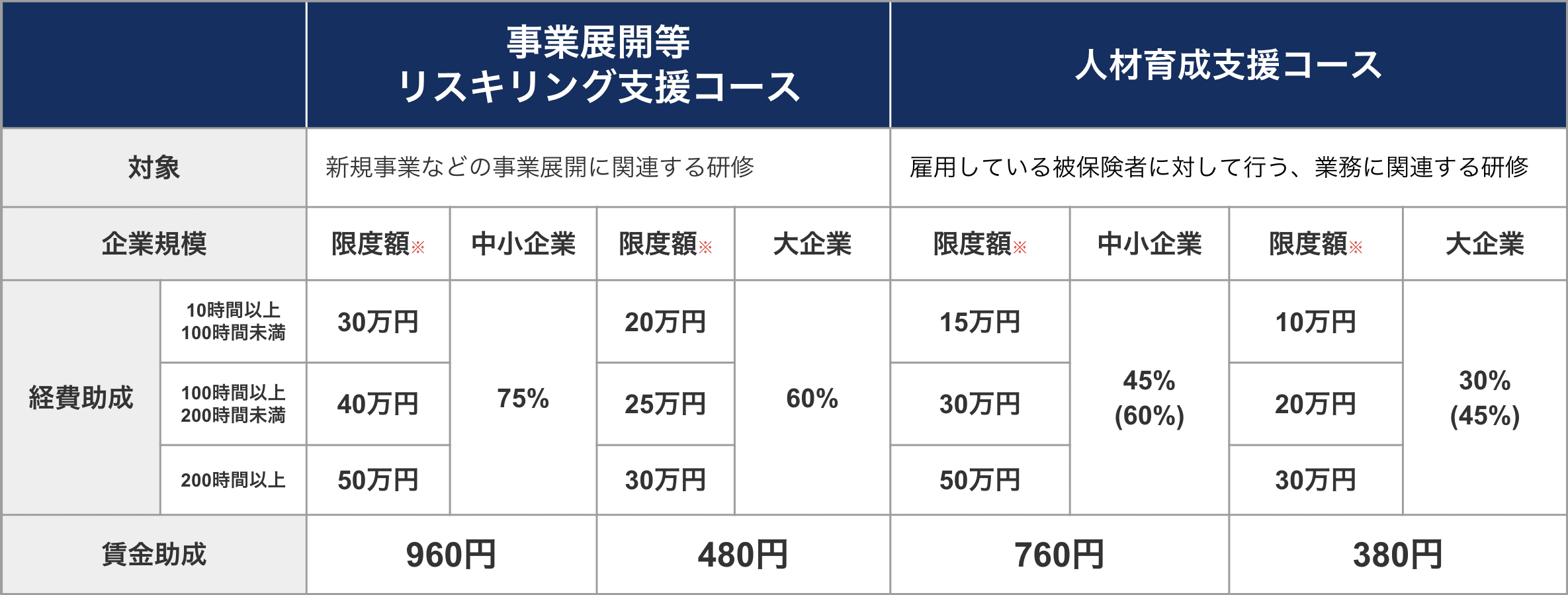 助成金の比較表 - 事業展開等リスキリング支援コースと人材育成支援コースの比較